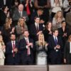 WASHINGTON, DC - FEBRUARY 24: Trump family members (top row (L-R) Bettina Anderson, LaraTrump Jared Kuschner and (bottom row L to R) Tiffany Trump, Donald Trump Jr, Eric Trump, Ivanka Trump, Barron Trump and First Lady Melania Trump applaud during the State of the Union address during a Joint Session of Congress at the U.S. Capitol on February 24, 2026, in Washington, DC. Trump delivered his address days after the Supreme Court struck down the administration's tariff strategy and amid a U.S. military buildup in the Persian Gulf threatening Iran. (Photo by Win McNamee/Getty Images)
