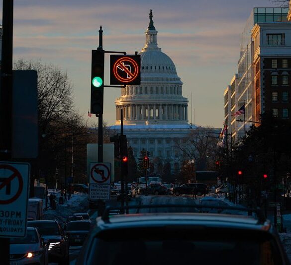 WASHINGTON, DC - JANUARY 29: Morning traffic navigates snowy roads near the U.S. Capitol on January 29, 2026 in Washington, DC. A partial federal government shutdown looms as Senate Democrats have threatened to hold up funding for the Department of Homeland Security after two U.S. citizens were murdered by Immigration and Customs Enforcement agents in Minneapolis. (Photo by Chip Somodevilla/Getty Images)