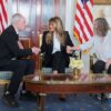 WASHINGTON, DC - FEBRUARY 04: First lady Melania Trump, Keith Siegel (L) and Aviva Siegel (R) hold hands during a meeting in the Blue Room of the White House on February 04, 2026 in Washington, DC. Keith Siegel, a U.S. citizen, was freed from Hamas captivity on February 1, 2025 after spending 484 days in captivity. Aviva Siegel was also held captive and released in November 2023. (Photo by Anna Moneymaker/Getty Images)