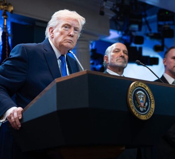 WASHINGTON, DC - FEBRUARY 20: U.S. President Donald Trump answers questions during a press briefing held at the White House February 20, 2026 in Washington, DC. The U.S. Supreme Court today ruled against Trump's use of emergency powers to implement international trade tariffs, a central portion of the administration's core economic policy.(Photo by Aaron Schwartz/Getty Images)