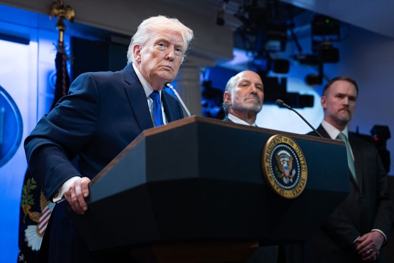 WASHINGTON, DC - FEBRUARY 20: U.S. President Donald Trump answers questions during a press briefing held at the White House February 20, 2026 in Washington, DC. The U.S. Supreme Court today ruled against Trump's use of emergency powers to implement international trade tariffs, a central portion of the administration's core economic policy.(Photo by Aaron Schwartz/Getty Images)
