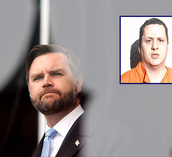 (Background) U.S. Vice President JD Vance delivers remarks during the annual March for Life rally on the National Mall on January 23, 2026 in Washington, DC. Anti-abortion activists attended the annual march to mark the anniversary of the Supreme Court's, now overturned, 1973 Roe v. Wade ruling which legalized abortion in all 50 states. (Photo by Kevin Dietsch/Getty Images) / (R) Shannon Mathre (via: Lucas County Corrections Center)