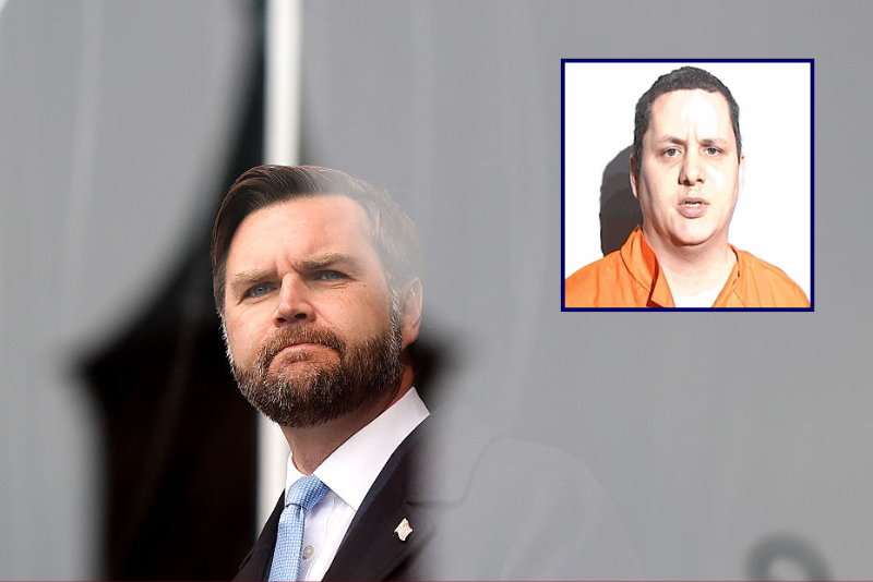 (Background) U.S. Vice President JD Vance delivers remarks during the annual March for Life rally on the National Mall on January 23, 2026 in Washington, DC. Anti-abortion activists attended the annual march to mark the anniversary of the Supreme Court's, now overturned, 1973 Roe v. Wade ruling which legalized abortion in all 50 states. (Photo by Kevin Dietsch/Getty Images) / (R) Shannon Mathre (via: Lucas County Corrections Center)