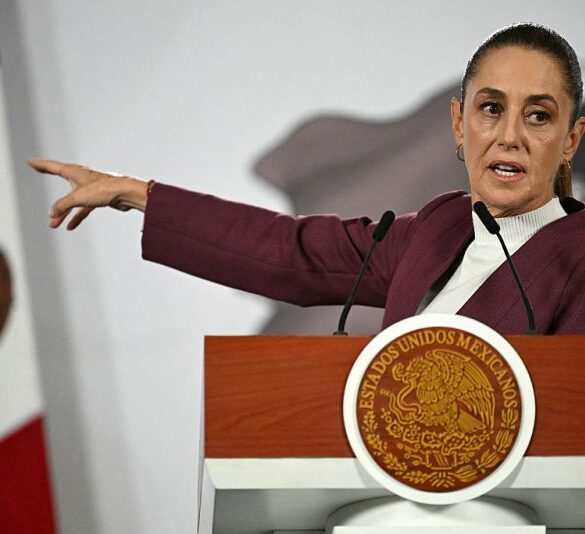 Mexico's President Claudia Sheinbaum speaks during her daily press conference at Palacio Nacional in Mexico City on February 12, 2026. (Photo by YURI CORTEZ / AFP via Getty Images)