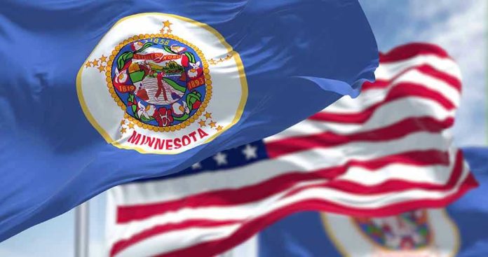 Minnesota state flag with American flag in background.