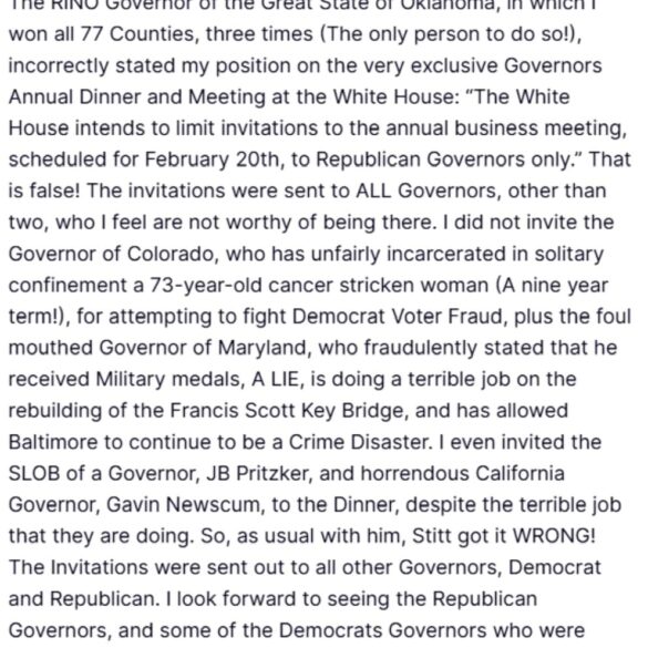 President Trump Criticizes "RINO" Governor For "Incorrectly" Stating His Position On Governors Annual Dinner * 100PercentFedUp.com * by Danielle