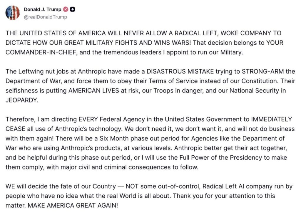 President Trump Directs Federal Agencies To "IMMEDIATELY CEASE" Use Of "Radical Left AI Company"