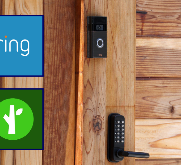 (Background) A Ring security camera is seen on the fence of a home on June 01, 2023 in San Anselmo, California. Amazon has agreed to pay the Federal Trade Commission over $30 million in a privacy settlement over its Ring cameras. The company's Ring doorbell division paid $5.8 million for violating a portion of the FTC Act that prohibits unfair or deceptive business practices and $25 million for violating the Children’s Online Privacy Protection Act by illegally retaining Alexa voice assistant profiles of thousands of children. (Photo by Justin Sullivan/Getty Images) / (L-Top) Ring logo (via: ring.com) / (L-Bottom) Flock safety logo (via: flocksafety.com)