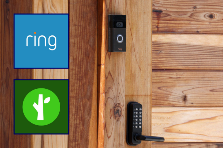 (Background) A Ring security camera is seen on the fence of a home on June 01, 2023 in San Anselmo, California. Amazon has agreed to pay the Federal Trade Commission over $30 million in a privacy settlement over its Ring cameras. The company's Ring doorbell division paid $5.8 million for violating a portion of the FTC Act that prohibits unfair or deceptive business practices and $25 million for violating the Childrenβs Online Privacy Protection Act by illegally retaining Alexa voice assistant profiles of thousands of children. (Photo by Justin Sullivan/Getty Images) / (L-Top) Ring logo (via: ring.com) / (L-Bottom) Flock safety logo (via: flocksafety.com)