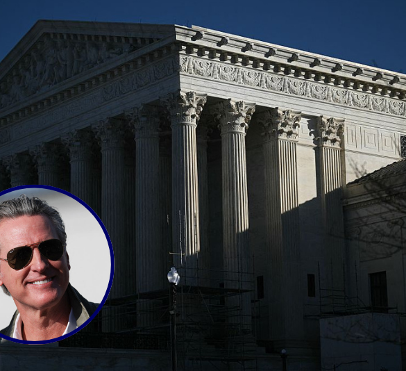 (Background) A view of the US Supreme Court in Washington, DC, on January 21, 2026. The US Supreme Court was hearing arguments Wednesday over President Donald Trump's attempt to fire a Federal Reserve governor Lisa Cook, a case that could have far-reaching consequences for the independence of the central bank. (Photo by Brendan SMIALOWSKI / AFP via Getty Images) / (R) California Governor Gavin Newsom departs from a press conference with the California National Guard and California Highway Patrol (CHP) about seizures of illicit drugs including fentanyl and border security operations during a press conference at Montgomery-Gibbs Executive Airport in San Diego, California on February 2, 2026. (Photo by Patrick T. Fallon / AFP via Getty Images)