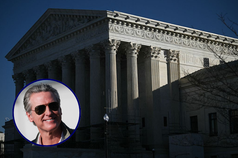(Background) A view of the US Supreme Court in Washington, DC, on January 21, 2026. The US Supreme Court was hearing arguments Wednesday over President Donald Trump's attempt to fire a Federal Reserve governor Lisa Cook, a case that could have far-reaching consequences for the independence of the central bank. (Photo by Brendan SMIALOWSKI / AFP via Getty Images) / (R) California Governor Gavin Newsom departs from a press conference with the California National Guard and California Highway Patrol (CHP) about seizures of illicit drugs including fentanyl and border security operations during a press conference at Montgomery-Gibbs Executive Airport in San Diego, California on February 2, 2026. (Photo by Patrick T. Fallon / AFP via Getty Images)
