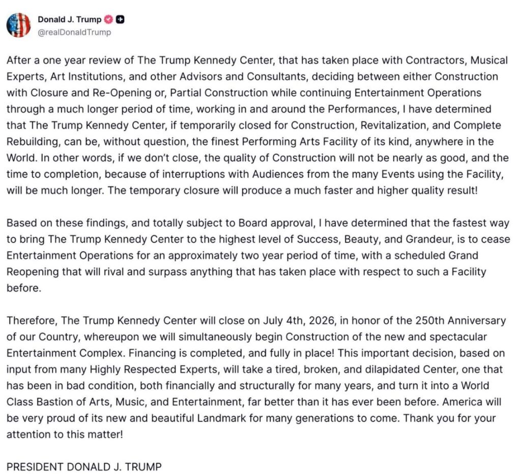"Scheduled Grand Reopening" - Trump Kennedy Center To Temporarily Close, President Trump Announces * 100PercentFedUp.com * by Danielle