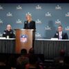 SAN FRANCISCO, CALIFORNIA - FEBRUARY 3: Cathy L. Lanier, Chief Security Officer for the NFL, speaks during a press conference about public safety plans for Super Bowl LX at the Super Bowl LX Media Center at the Moscone Center on February 3, 2026 in San Francisco, California. (Photo by Chris Graythen/Getty Images)