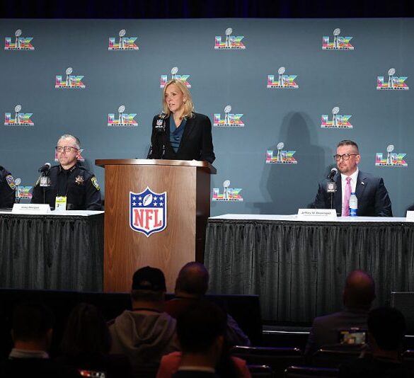 SAN FRANCISCO, CALIFORNIA - FEBRUARY 3: Cathy L. Lanier, Chief Security Officer for the NFL, speaks during a press conference about public safety plans for Super Bowl LX at the Super Bowl LX Media Center at the Moscone Center on February 3, 2026 in San Francisco, California. (Photo by Chris Graythen/Getty Images)