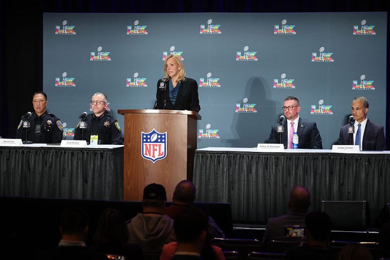 SAN FRANCISCO, CALIFORNIA - FEBRUARY 3: Cathy L. Lanier, Chief Security Officer for the NFL, speaks during a press conference about public safety plans for Super Bowl LX at the Super Bowl LX Media Center at the Moscone Center on February 3, 2026 in San Francisco, California. (Photo by Chris Graythen/Getty Images)