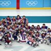TOPSHOT - Gold medallists USA's players pose during the medals ceremony of the men's ice hockey event at the Milano Santagiulia Ice Hockey Arena during the Milano Cortina 2026 Winter Olympic Games in Milan, on February 22, 2026. (Photo by JULIEN DE ROSA / AFP via Getty Images)