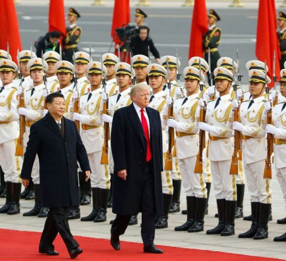 BEIJING, CHINA - NOVEMBER 9: U.S. President Donald Trump takes part in a welcoming ceremony with China's President Xi Jinping on November 9, 2017 in Beijing, China. Trump is on a 10-day trip to Asia. (Photo by Thomas Peter-Pool/Getty Images)