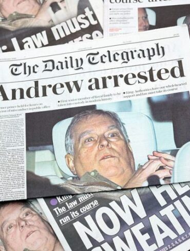 LONDON, ENGLAND - FEBRUARY 20: (EDITOR'S NOTE: CROPPING OF THIS IMAGE IS NOT PERMITTED) In this photo illustration, multiple British newspapers are displayed featuring The Telegraph, showing a front-page image and accompanying story about Andrew Mountbatten-Windsor on February 20, 2026 in London, England. Andrew Mountbatten-Windsor was arrested on his 66th birthday, 19 February 2026, on suspicion of misconduct in public office following revelations contained in the Epstein files. The former duke has denied any wrong doing in relation to his association with Jeffrey Epstein. (Photo Illustration by Gareth Cattermole/Getty Images)
