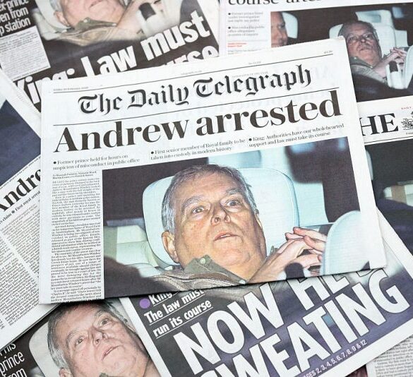 LONDON, ENGLAND - FEBRUARY 20: (EDITOR'S NOTE: CROPPING OF THIS IMAGE IS NOT PERMITTED) In this photo illustration, multiple British newspapers are displayed featuring The Telegraph, showing a front-page image and accompanying story about Andrew Mountbatten-Windsor on February 20, 2026 in London, England. Andrew Mountbatten-Windsor was arrested on his 66th birthday, 19 February 2026, on suspicion of misconduct in public office following revelations contained in the Epstein files. The former duke has denied any wrong doing in relation to his association with Jeffrey Epstein. (Photo Illustration by Gareth Cattermole/Getty Images)
