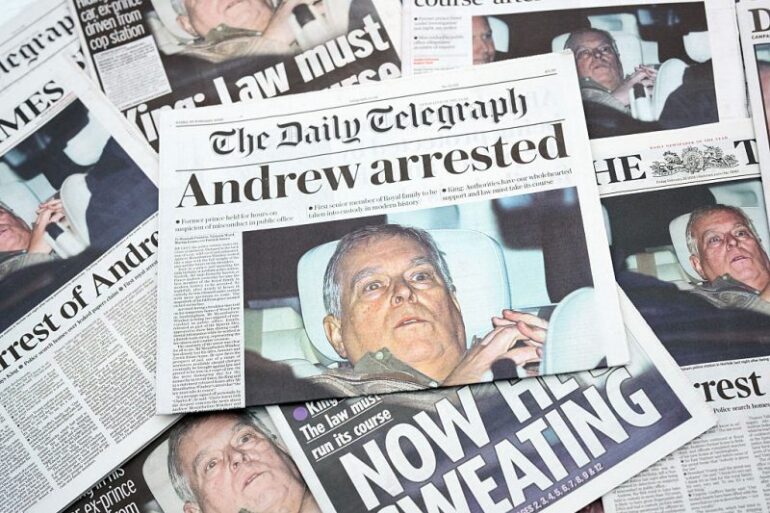 LONDON, ENGLAND - FEBRUARY 20: (EDITOR'S NOTE: CROPPING OF THIS IMAGE IS NOT PERMITTED) In this photo illustration, multiple British newspapers are displayed featuring The Telegraph, showing a front-page image and accompanying story about Andrew Mountbatten-Windsor on February 20, 2026 in London, England. Andrew Mountbatten-Windsor was arrested on his 66th birthday, 19 February 2026, on suspicion of misconduct in public office following revelations contained in the Epstein files. The former duke has denied any wrong doing in relation to his association with Jeffrey Epstein. (Photo Illustration by Gareth Cattermole/Getty Images)