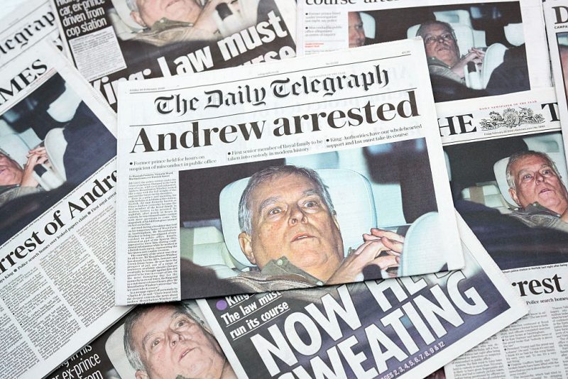 LONDON, ENGLAND - FEBRUARY 20: (EDITOR'S NOTE: CROPPING OF THIS IMAGE IS NOT PERMITTED) In this photo illustration, multiple British newspapers are displayed featuring The Telegraph, showing a front-page image and accompanying story about Andrew Mountbatten-Windsor on February 20, 2026 in London, England. Andrew Mountbatten-Windsor was arrested on his 66th birthday, 19 February 2026, on suspicion of misconduct in public office following revelations contained in the Epstein files. The former duke has denied any wrong doing in relation to his association with Jeffrey Epstein. (Photo Illustration by Gareth Cattermole/Getty Images)