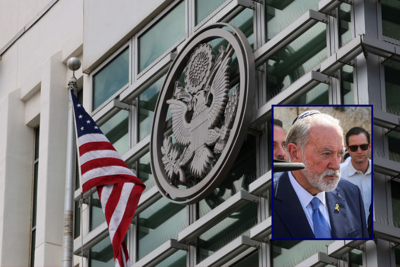 (Background) This picture shows a partial view of the US Embassy Branch Office in Tel Aviv, on March 8, 2024. (Photo by JACK GUEZ / AFP) (Photo by JACK GUEZ/AFP via Getty Images) / (R) The US' new ambassador to Israel Mike Huckabee (C) visits the Western Wall, the holiest site where Jews are allowed to pray, in the old city of Jerusalem on April 18, 2025. (Photo by GIL COHEN-MAGEN / AFP) (Photo by GIL COHEN-MAGEN/AFP via Getty Images)