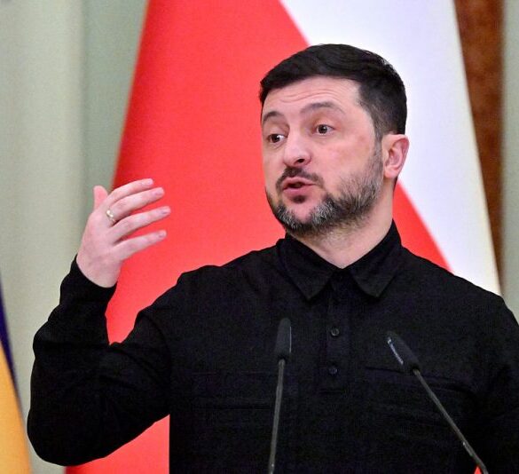 Ukraine's President Volodymyr Zelensky speaks during a joint press conference with Poland's Prime Minister at the Mariinskyi Palace in Kyiv on February 5, 2026, amid the Russian invasion of Ukraine. (Photo by Sergei SUPINSKY / AFP via Getty Images)