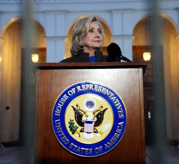 CHAPPAQUA, NEW YORK - FEBRUARY 26: Former U.S. Secretary of State Hillary Clinton speaks to the press after testifying in a closed-door deposition with the House Oversight Committee at the Chappaqua Performing Arts Center on February 26, 2026 in Chappaqua, New York. Former Secretary of State Hillary Clinton provided testimony to the Republican-led House Oversight Committee as part of an ongoing inquiry into the late sex offender Jeffrey Epstein's case. Former U.S. President Bill Clinton is expected to testify tomorrow. (Photo by David Dee Delgado/Getty Images)