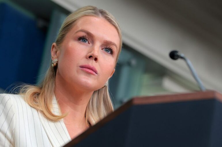 WASHINGTON, DC - FEBRUARY 10: White House Press Secretary Karoline Leavitt speaks during a news briefing in the James S. Brady Press Briefing Room of the White House on February 10, 2026 in Washington, DC. Leavitt spoke to reporters on a range of topics as a possible government shutdown looms over funding for the Department of Homeland Security. (Photo by Anna Moneymaker/Getty Images)