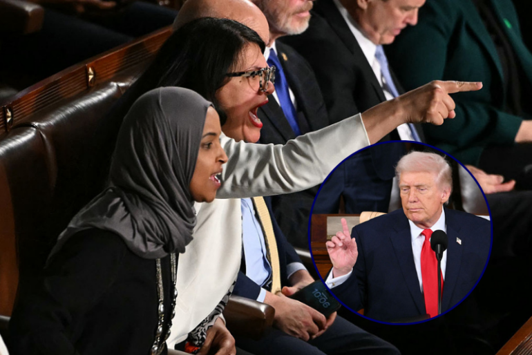 US President Donald Trump delivers the State of the Union address in the House Chamber of the US Capitol in Washington, DC, on February 24, 2026. (Photo by Brendan SMIALOWSKI / AFP via Getty Images) -- (L/R) US Representatives Ilhan Omar, Democrat from Minnesota, and Rashida Tlaib, Democrat from Michigan, shout as President Donald Trump delivers the State of the Union address in the House Chamber of the US Capitol in Washington, DC, on February 24, 2026. (Photo by ANDREW CABALLERO-REYNOLDS / AFP via Getty Images)