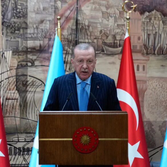 Turkish President Recep Tayyip Erdogan speaking at a podium with Turkish and Somali flags.