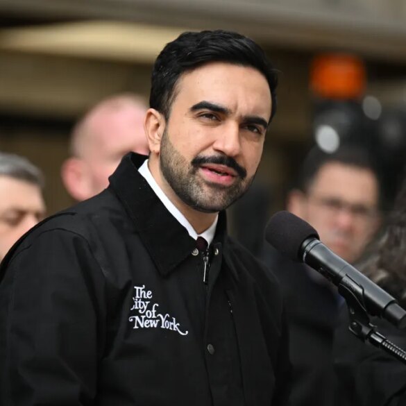 Mayor Zohran Mamdani speaking at a press conference about weather updates.