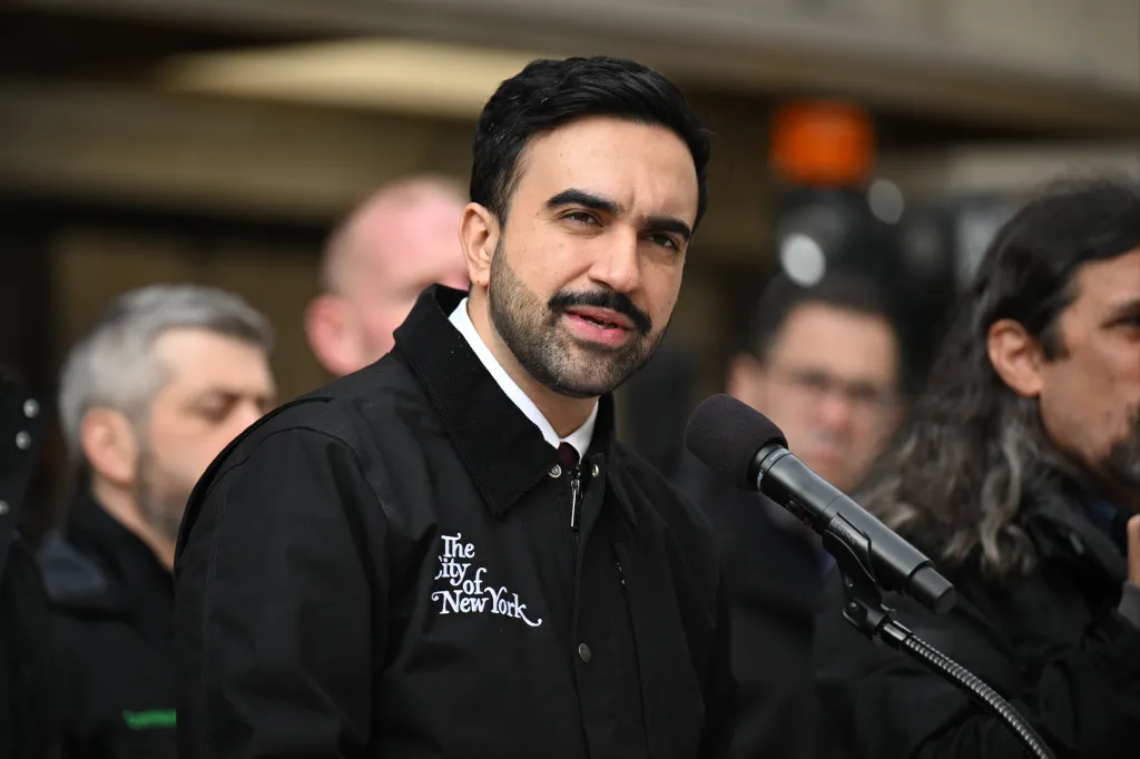 Mayor Zohran Mamdani speaking at a press conference about weather updates.