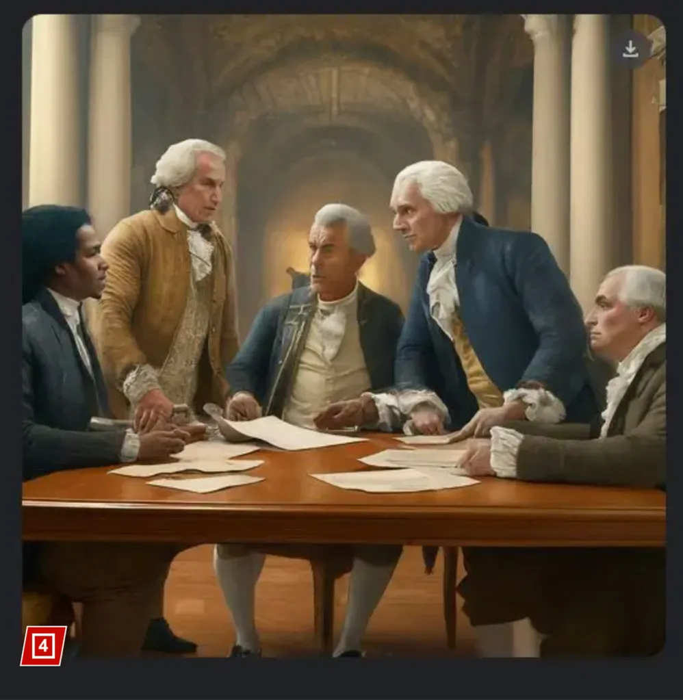 Illustration of Founding Fathers including a Black man in a modern-style suit.
