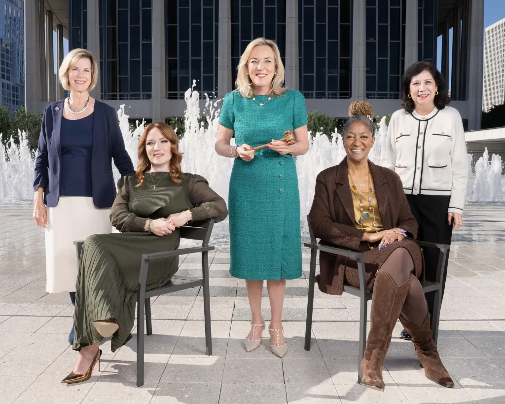 Five Los Angeles County supervisors, from left to right, Janice Hahn, Lindsey Horvath, Kathryn Barger, Holly Mitchell, and Hilda Solis.