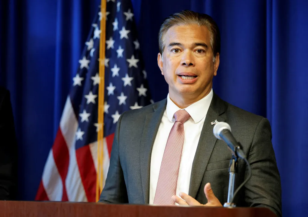 California Attorney General Rob Bonta speaking at a press conference about suing the White House to restore SNAP funding.