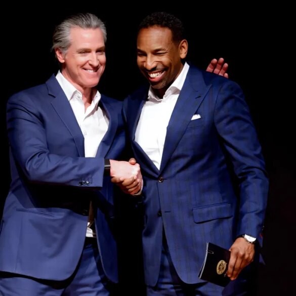 Mandatory Credit: Photo by ERIK S LESSER/EPA/Shutterstock (16692428q) Democratic California Governor Gavin Newsom (L) with Atlanta Mayor Andre Dickens (R) during his 'Young Man in a Hurry: A Memoir of Discovery' book tour stop in Atlanta, Georgia, USA, 22 February 2026. The autobiographical book will be released 24 February 2026. Gavin Newsom promotes 'Young Man in a Hurry: A Memoir of Discovery' book in Georgia, Atlanta, USA - 22 Feb 2026