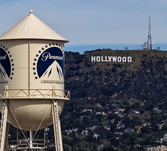 LOS ANGELES, CALIFORNIA - FEBRUARY 23: An aerial view of the Paramount logo on the water tower at Paramount Studios on February 23, 2026 in Los Angeles, California. Paramount Skydance is poised to increase its takeover offer for Warner Bros. Discovery above Netflix’s current bid, setting up a high-stakes bidding war that could see Netflix walk away from the deal if outbid. (Photo by Justin Sullivan/Getty Images)
