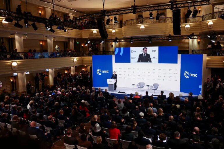France's President Emmanuel Macron speaking at the Munich Security Conference.