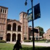People walking on the plaza outside Royce Hall on the UCLA campus.