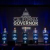 California gubernatorial candidates Xavier Becerra, Steve Hilton, Matt Mahan, Tom Steyer, Tony Thurmond, Antonio Villaraigosa, and Betty Yee at a debate in San Francisco.