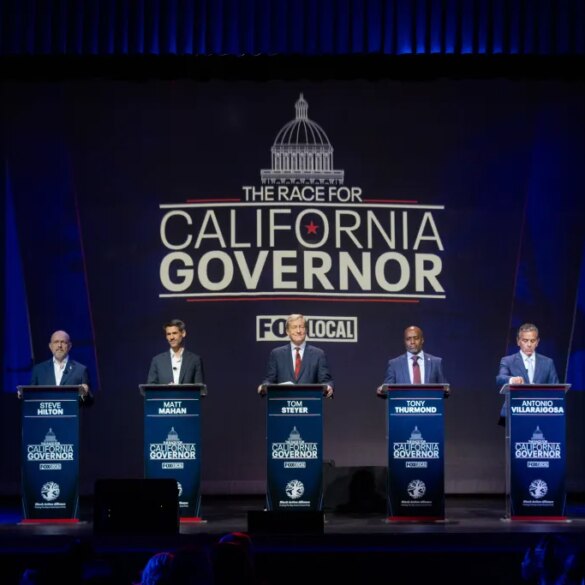 California gubernatorial candidates Xavier Becerra, Steve Hilton, Matt Mahan, Tom Steyer, Tony Thurmond, Antonio Villaraigosa, and Betty Yee at a debate in San Francisco.