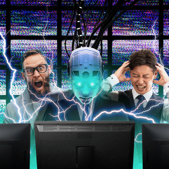 Illustration of a chaotic trading floor with two stressed brokers and a glowing AI robot, surrounded by static and lightning.
