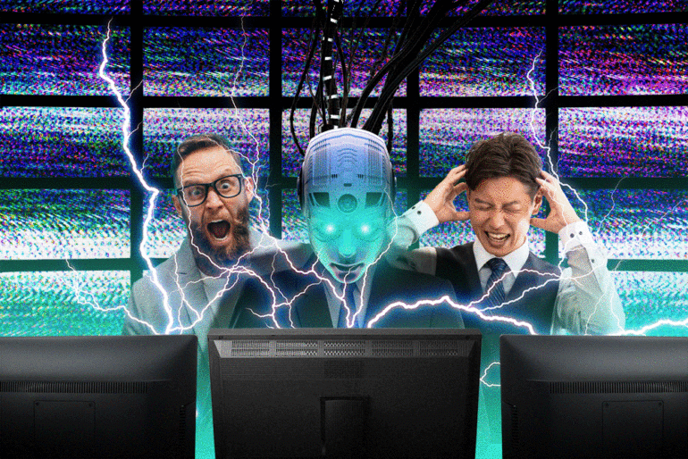 Illustration of a chaotic trading floor with two stressed brokers and a glowing AI robot, surrounded by static and lightning.