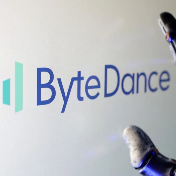Illustration of the ByteDance logo next to a robotic hand.