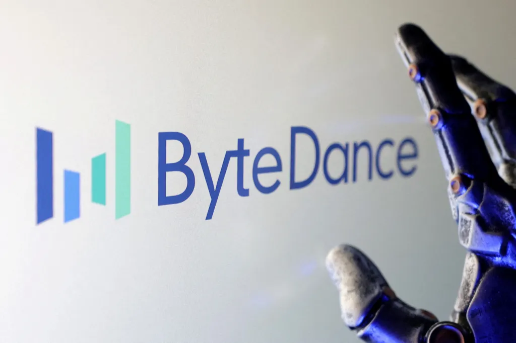 Illustration of the ByteDance logo next to a robotic hand.