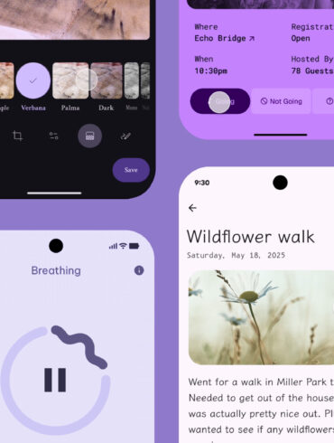 Google's screenshot examples for Material 3 Expressive designs, showing new colors, fonts, shapes, and motion effects