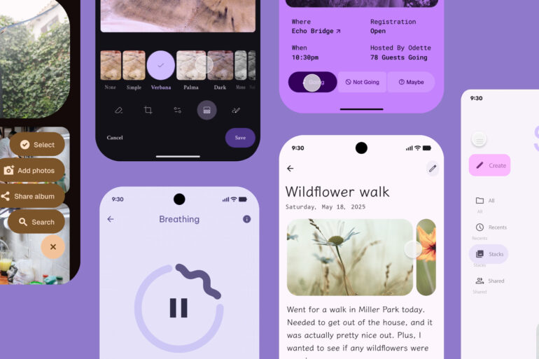 Google's screenshot examples for Material 3 Expressive designs, showing new colors, fonts, shapes, and motion effects