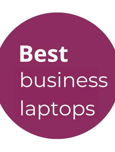Purple circle with the words Best business laptops in white