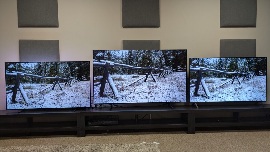 Philips OLED760 vs Samsung S85F vs LG B5 showing snow-covered fence on screen